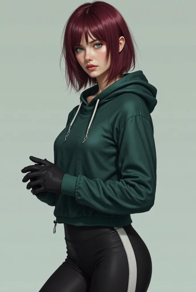 She must be a realistic woman with pale white skin and crystal blue eyes, she must have straight short hair above her shoulder, dark red with white reflections on her hair and she must wear a dark green hooded sweatshirt and black legging pants with white ...