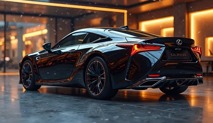  A captivating image of a (2025 lexus rc) taking center stage in a luxurious , showroom. The futuristic, vibrant (black )exterior gleams, showcasing its sleek, aerody namic design and bold accents. The (frant side  ) view highlights the cutting-edge innova...