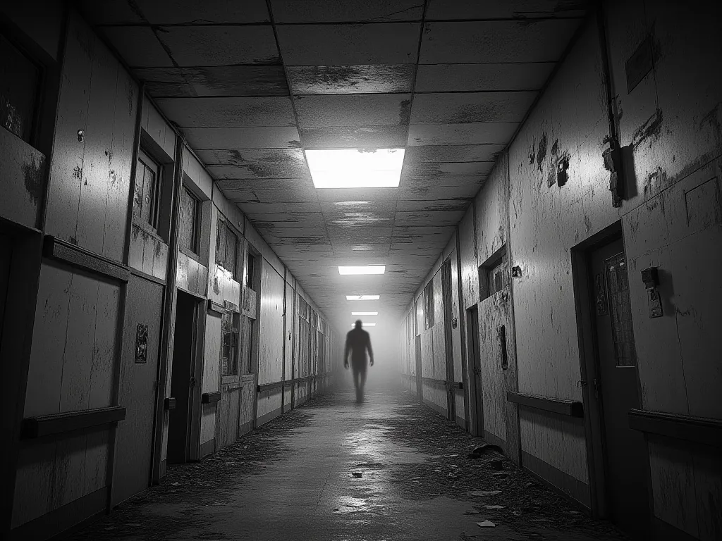 Abandoned hospital interior, CCTV camera view, flickering lights, ghostly figure in the hallway, grainy black and white footage, horror, creepy