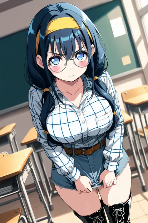 reia_kosu,1 female,solo,
saori_makishima,
black hair,low twin tail,blue hair,long hair,half up,hair between the eyes,blue eyes,big eyes,slant eyes,long eyelashes,sleepy eyes,
contempt,blurred background,
pretty,large breast,looking at viewer,
dutch angle,...