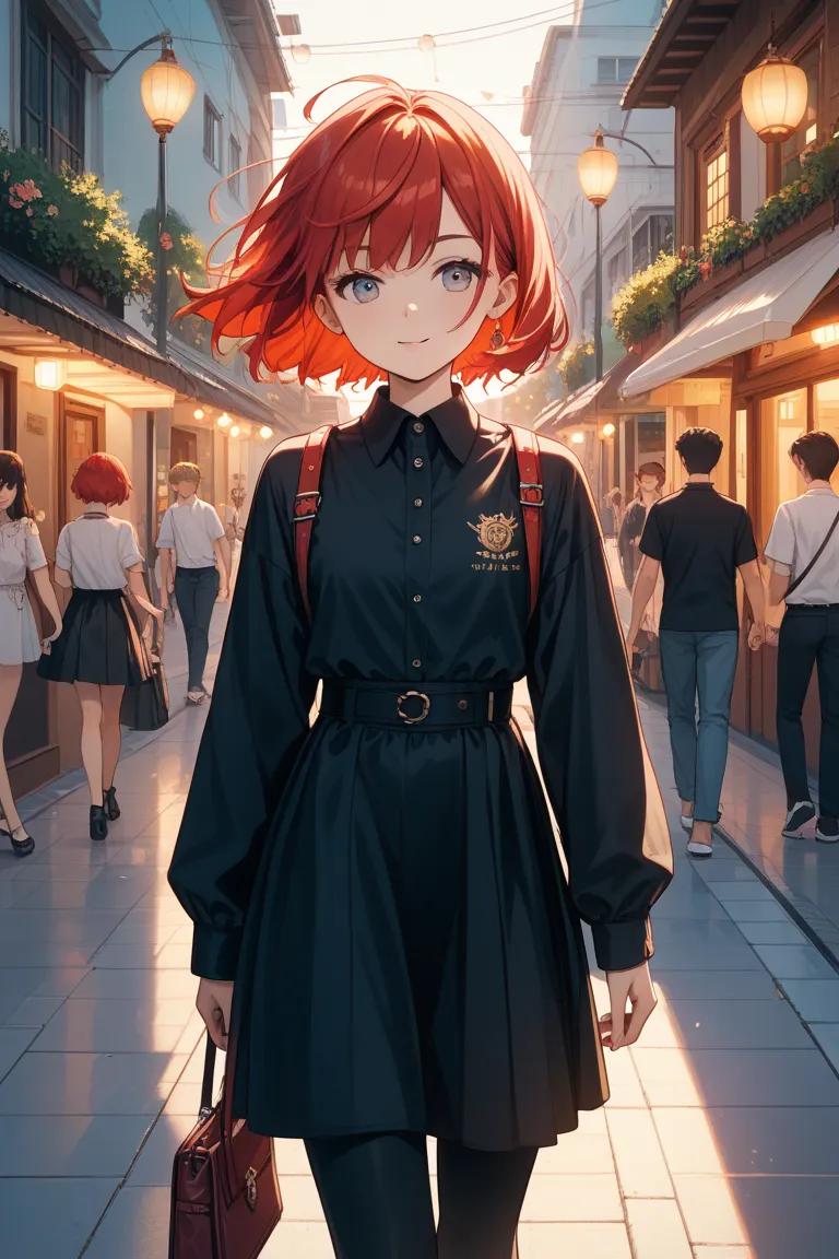 Boy with red hair and short hair（Long bangs）and a young girl with dark hair。boys wear shirts and smart pants、The girl is fashionable in a black dress。The two are walking nicely。