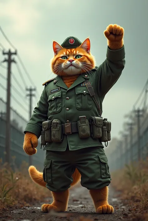 Generate a high quality 3D image:An orange cat wearing solider army costume and dark green pant and do one hand up with gun to enjoy victory  at countries border.