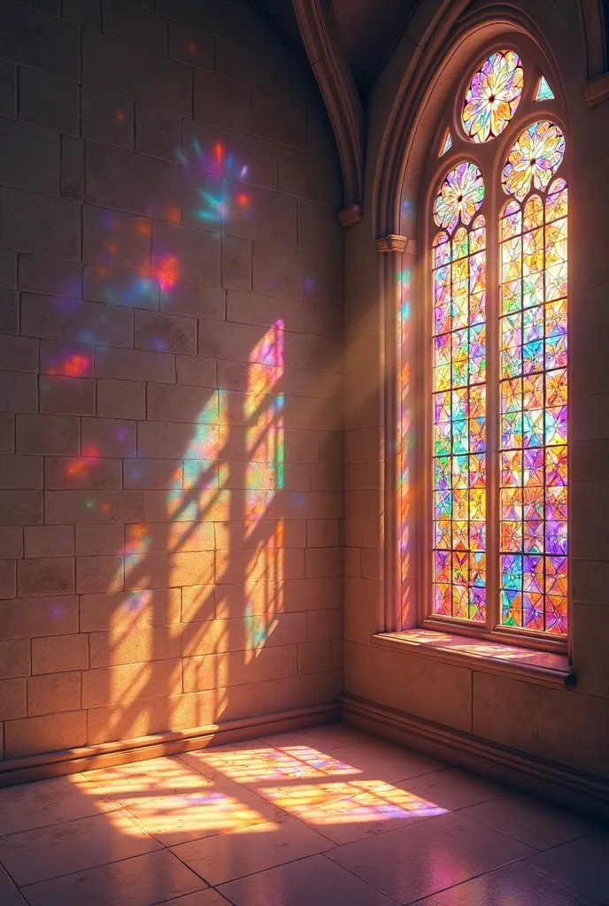 The theme is "Shadows on the Wall", animation, 8K quality, artwork, church-stained glass patterns reflected on the wall, very beautiful, vibrant colors.