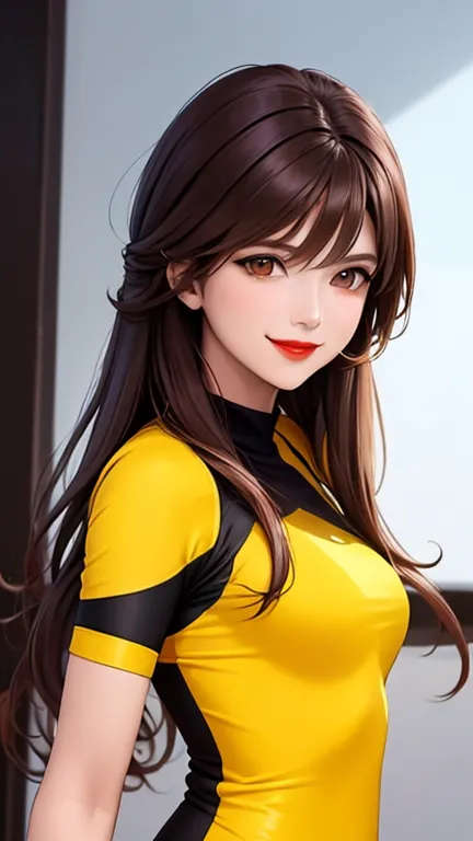 woman , long hair brown, normal, dark, she is solo, from mirror universe world ,best quality, realistic, cycling (full yellow color) suit and cycling sports black shorts, she is stand , smile, red lipstick , 