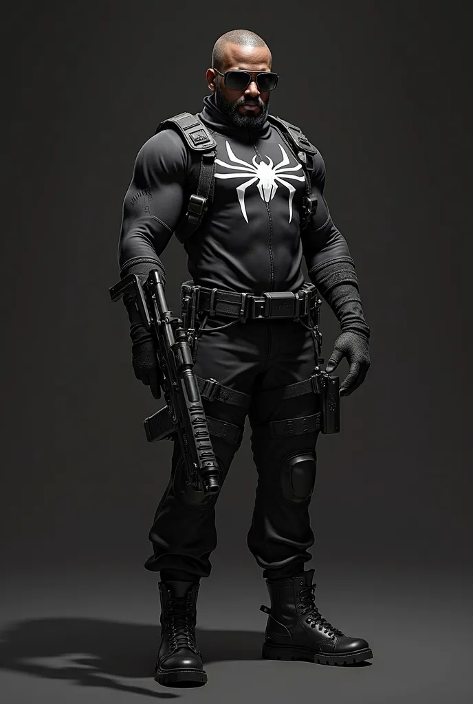 a realistic game character, black male, razer cut hair, black sunglasses, wearing a full body suit with military black gears, a white spider art on the chest, knee guard and arm guard, carrying a long dark fishnet gun, background is black.

