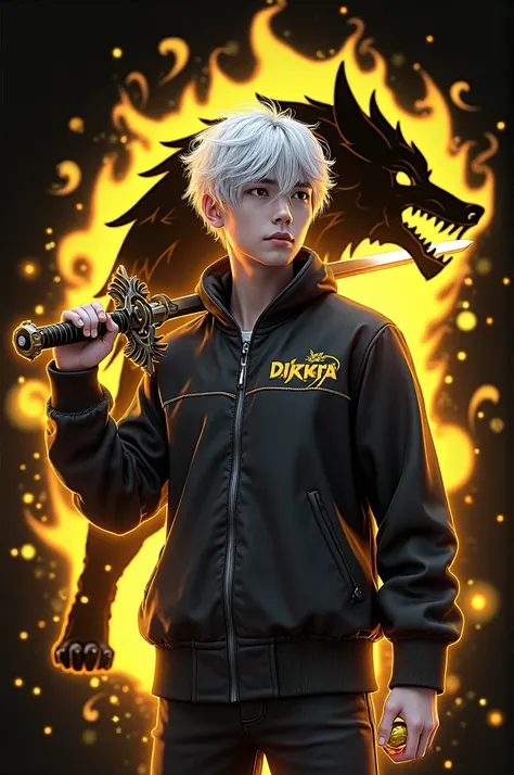 a young man wearing a black jacket with the word &#39;Dzikra&#39; written on it (in Indonesian correctly) on the left side and has white hair. In one hand holding a yellow light fantasy sword over his shoulder, and on the other hand,there is a yellow glowi...