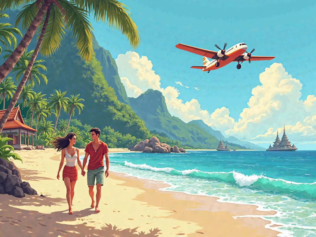 create a colorful 2d landscape ratio illustration of a Thailand beach and Thailand's iconic places , a couple , an airplane with an international trip vibe