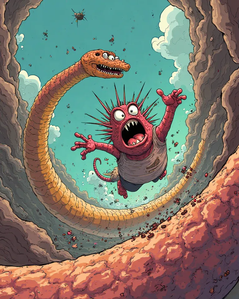 "Shocking cartoon character, running down the long snake body, back to the beginning. Colorful, humorous"