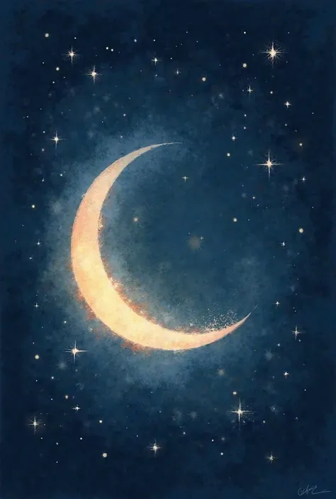 A delicate crescent moon with a soft, glowing aura, surrounded by small twinkling stars. The design has a dreamy, watercolor-like texture with gentle color blending. The background is a deep navy blue with subtle gradients, creating a magical nighttime atm...