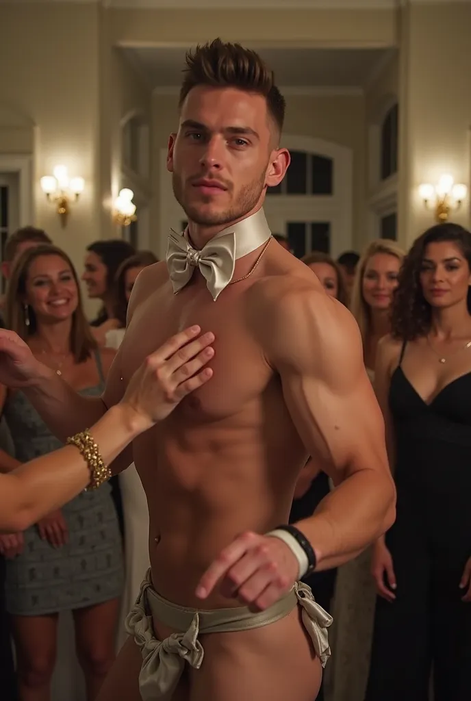 NSFW, modern university Sorority House, large common room, soft spot lighting, 1 man, tall handsome alpha male, professional adult performer, Chippendale Dancer wearing baby oil, satin bow tie, nude, censored by female holding a washcloth, short neat hair,...