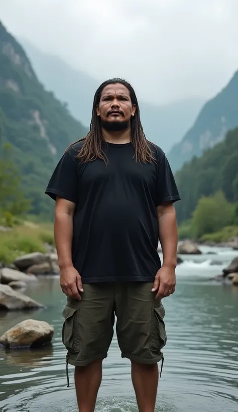 front face,  Fat man ,clean face in shaving,very long straight hair unraveled, wears a plain black t-shirt and cargo shorts, water play in a shallow river with natural rocks and very clear water , Scenic valley background of high mountains and thick fog en...