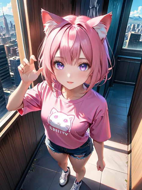 (full body:1.3), (highly detailed beautiful face and eyes:1.4), Shining Eyes, glowing eyes, beautiful face, perfect face, attractive face, 
1 cat girl, (pink bob hair), (cat ears), (violet eyes), claw pose, looking up, casual clothes, 
extreme high angle, ...