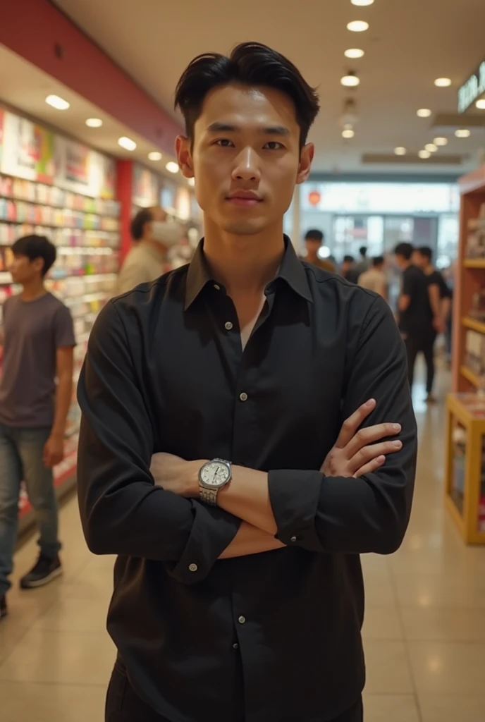 a man in a black shirt standing with his arms crossed, a screenshot inspired by Ke Jiusi, featured on instagram, toyism, appearing in a shopping mall,  post, executive industry banner, instagram post, thriving ecosystem, thought-provoking, nostalgic and eu...