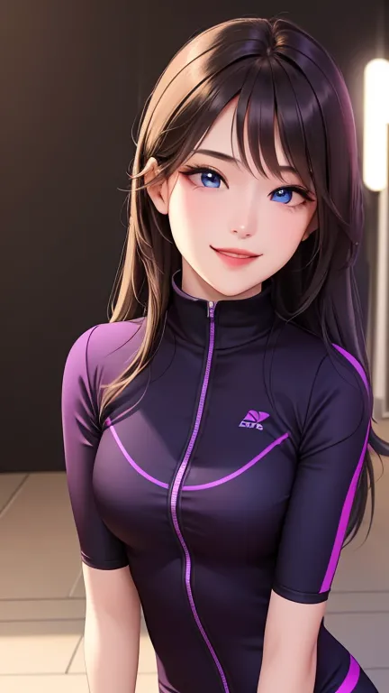 woman , long hair brown, normal, dark, she is solo, from mirror universe world ,best quality, realistic, cycling (full dark purple color) suit and cycling sports black shorts, she is stand , smile, , 