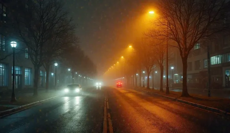 A foggy urban street at night, illuminated by the warm glow of evenly spaced streetlights. The wet asphalt reflects the golden light, creating a soft, diffused ambiance. A car with bright headlights approaches from the left side of the road, casting a hazy...