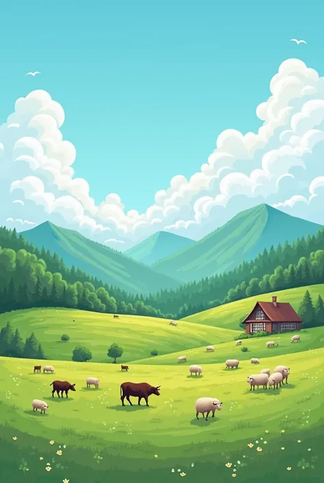 
"A vast, green grassland with grazing cattle and sheep, set against a backdrop of majestic, rolling green hills. The scene is under a bright, clear sky filled with fluffy, white clouds. The lush landscape is vibrant and serene, with animals peacefully sca...