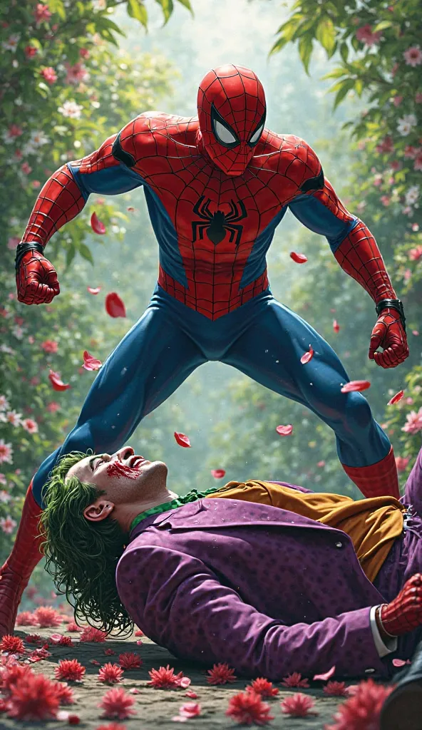 joker  fall on ground bloody , Spiderman punching him,at flower garden