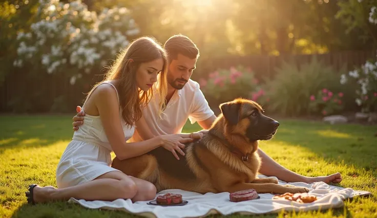 A serene backyard bathed in golden sunlight, where Bethany and Lucas sit beside their beloved German Shepherd, Max, who rests on a soft blanket. Bethany, now in a casual white dress, strokes Max’s fur with tears in her eyes, while Lucas sits close, his arm...