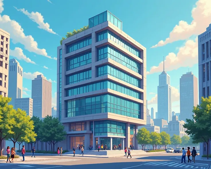 Pixar-Style 2d vector illustration of a Modern Bank Head Office in a day time with a unique perspective behind which we can see modern buildings in the background.
