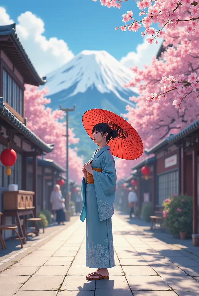 A 42-year-old woman standing on a Japanese street with Mount Fuji in the background, elegantly dressed in a gentle blue kimono, holding a traditional umbrella in her hands, wearing wooden geta sandals, sunlight casting interesting shadows, a colorful scene...