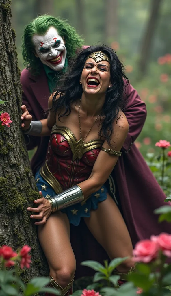 Wonder woman bent pose against a tree,hands on tree , joker grabbed her hips from back, at flower garden, wonder woman is crying loudly.  