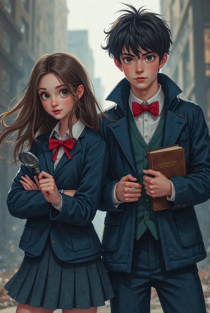 Generate an image of two high school students (they’re detectives) one boy and one girl.

The girl has long brown hair wearing a uniform with navy-blue blazer paired with a skirts with the same color, matched with a red bow tie.

The boy is taller than the...