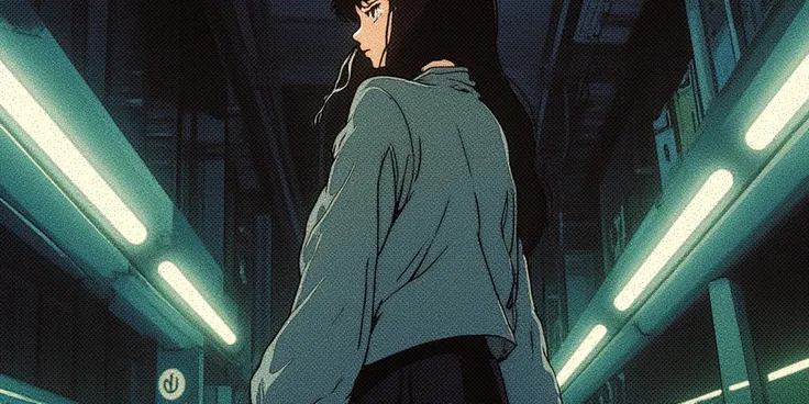 Create 90s retro anime-style image Over-the-shoulder shot, back view, of 1girl with long black hair and a fringe, pale skin, delicate, dark unreadable eyes, she is wearing an oversides grey knit sweater, a black pleated skirt, fishnet stockings leaving sch...