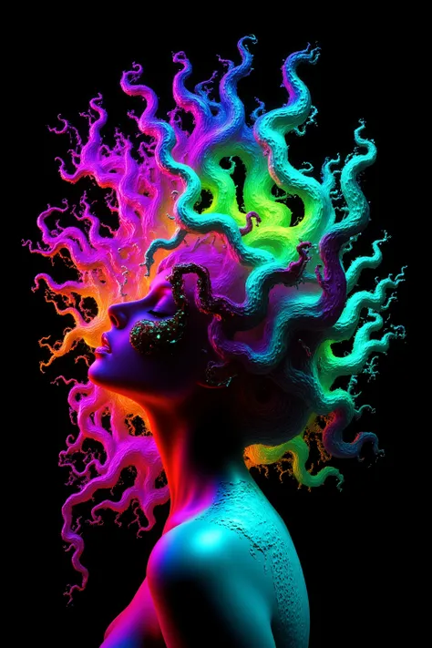 Exaggerate the swirl lines around the woman in this image, while infusing a lot of vibrant neon, luminescent colors in the swirls as well. Make the woman look more realistic and more attractive. Surrealism, asthetically incredible, light display, super sat...