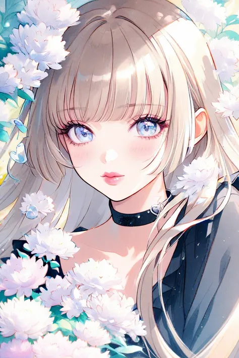 watercolor、 Dreamy 、white film、 illustrations、1 girl、sit、 beautiful face、cute、 white flower、beige hair 、 long hair、hime cut、light blue eyes、droopy eyes、Eyelashes、 teardrop bags、girl in black blouse 、choker、 denim pants、pink cheeks、 small lips by Telebi、pin...