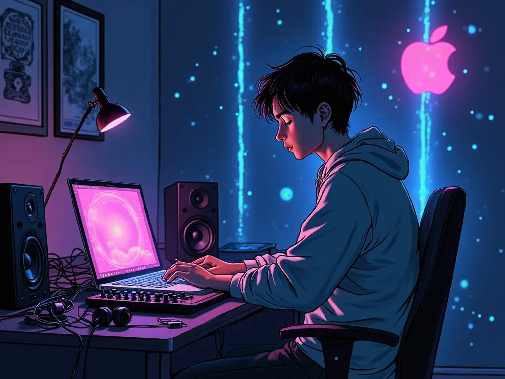 Entering the Dream (Modern Adam and the Apple)
A vector-style, full-cartoon illustration in 1920x1080 resolution. The scene is set in a fully dark bedroom studio, where only the faint glow of neon lights illuminates the space. A young musician, Adam, sits ...