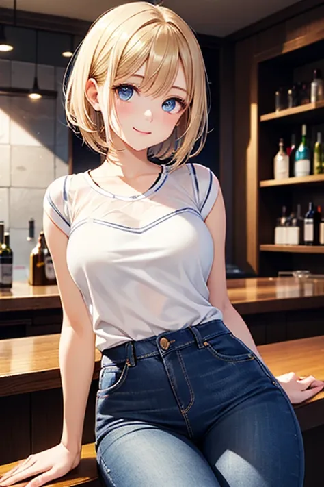 Shiny Blonde Hair、 short hair、（Beautiful sparkling eyes、fine-grained）、smile、super detailed eyes、very detailed face、cowboy shot、8k、Highest quality、realistic pictures、 realistic details from blow 、Clear Face、delicate facial features、 Real Skin Glow 、cute gir...