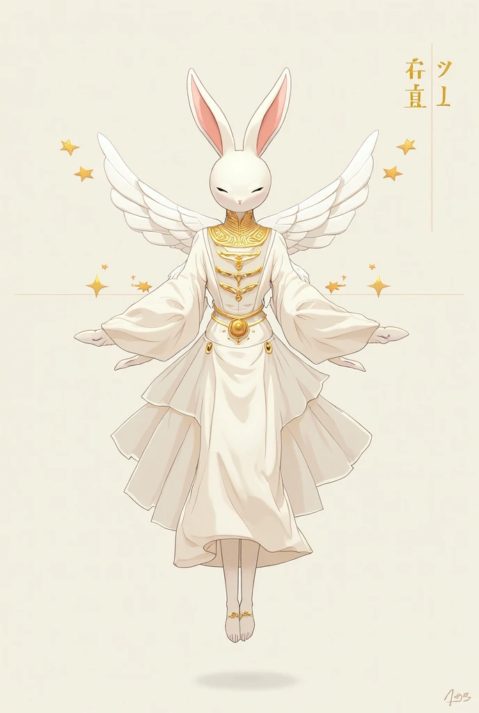 Minimalist anime style drawing of Furi the bunny with 4 chest sizes, big wings, golden jewelry, and a long white dress like the gods