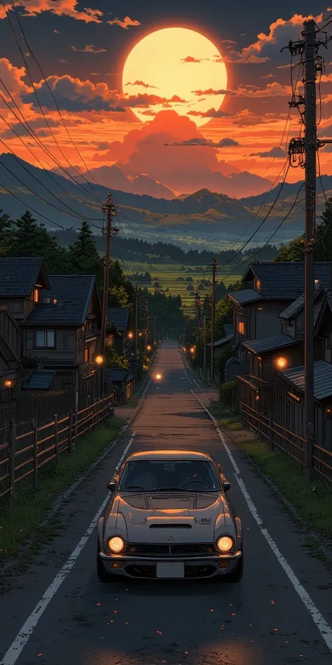 An anime-style scene of a peaceful countryside road during the evening, with a sleek car driving along the smooth asphalt. The setting sun is large and golden, casting a warm orange and pink glow across the sky, blending beautifully with scattered clouds. ...