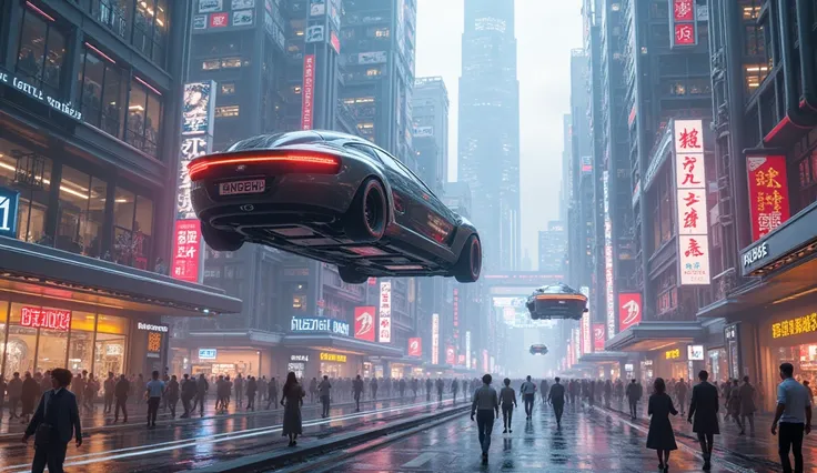 A futuristic cityscape with flying cars, AI robots, and neon lights.