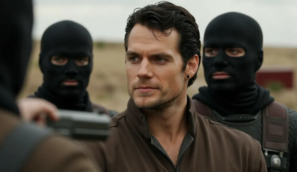 Photorealistic close-up photo of Henry Cavill, who is wearing farm clothes. In front of Henry are two aggressive bandits wearing balaclavas and firearms.  Henry looks at them with rage and determination to fight back. The photo shows the tension of the upc...