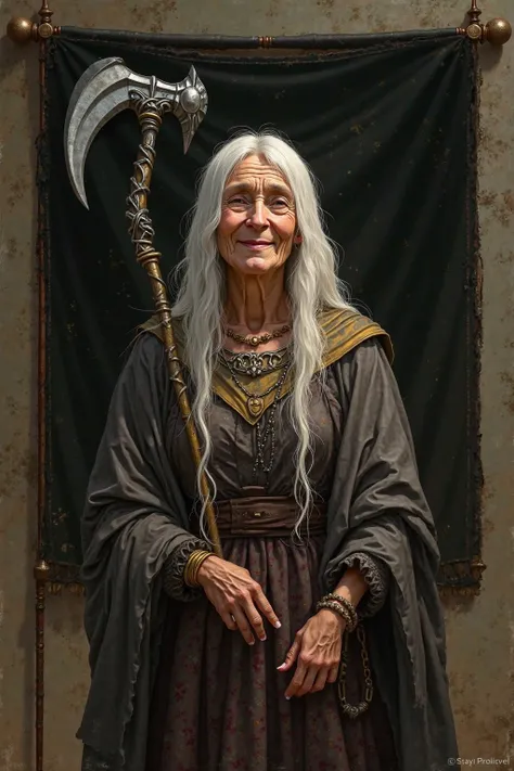 A realistic medieval fantasy portrait of Alannys. She is a noble lady of 55 years. She has long white hair and thin skin. Although never a conventional beauty, she once had a strong face and laughing eyes. She has become frail and sickly, however, with a t...