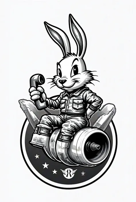 
A black and white, sharp, and detailed military mascot inspired by Oswald the Rabbit, drawn in a bold, mature style. The rabbit has a focused, determined expression and is wearing a realistic camouflage military uniform with detailed folds and texture. It...