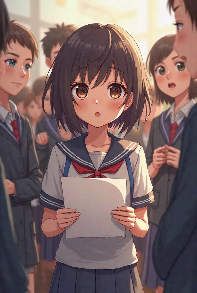 "Rena is participating in the school competition, stands confident among other students, and has a glimpse of pride and hope in her eyes as she holds the paper of her answers."
