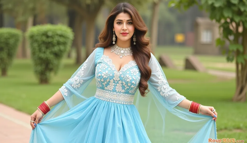 Indian beautiful woman sexy bhabhi, The woman in the image is wearing a beautiful light blue dress with intricate white floral embroidery. The dress features a deep neckline with lace detailing, accentuating the bodice. It has long, sheer sleeves with deli...