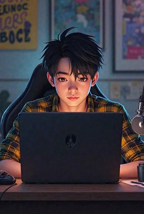 A 21 year old boy is sitting in front of a computer desk and with a mic and a laptop. looking straight He is wearing a black and yellow checked shirt and has black hair against themed background 