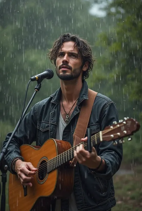 A handsome man SINGING A SONG OUTDOOR IN ranning with guitar video 