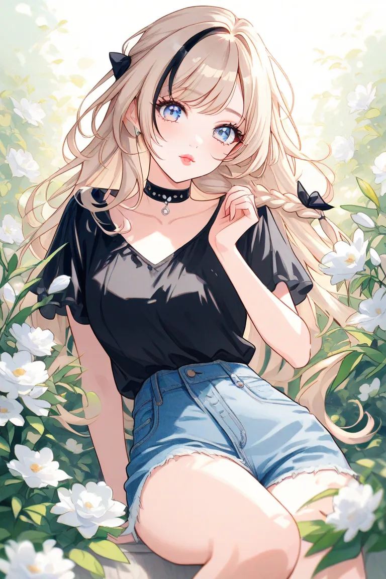 watercolor、 Dreamy 、white film、 illustrations、1 girl、sit、 beautiful face、cute、 white flower、beige hair 、black streaked hair、 long hair、single braid、light blue eyes、droopy eyes、Eyelashes、 teardrop bags、girl in black blouse 、choker、 denim pants、pink cheeks、 ...