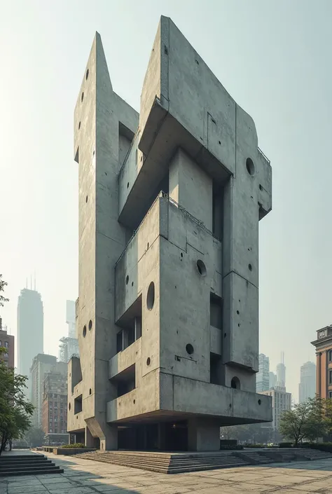 Facade of a building inspired by retrofuturistic architecture and brutalist architecture with a cantilevered roof ending in a pointed shape 