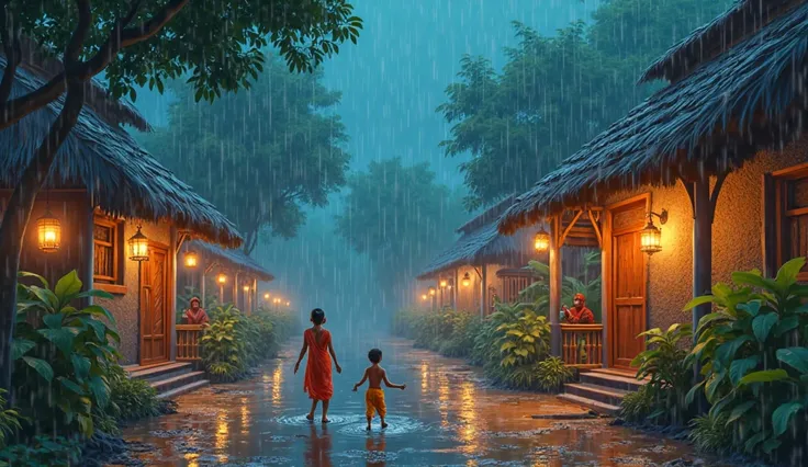 disney plxar animation style  the cartoon style "As the monsoon rains continue, the entire village awakens in celebration. ren dance and splash in the puddles, laughing joyfully as raindrops drench them. Women gather on their verandas, singing folk songs w...