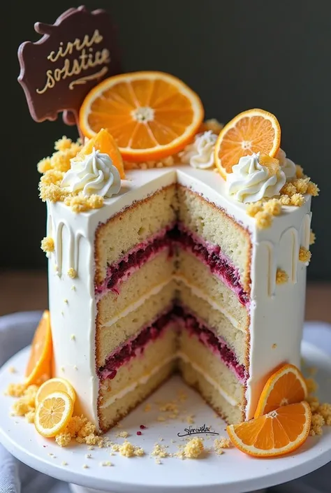 A single tear cake, double layers. A moist almond sponge cake with rasberry filling, covered in white buttercream and white and orange icing details with dried orange and lemon slices and some honey on one side with a chocolate sign saying “citrus solstice...