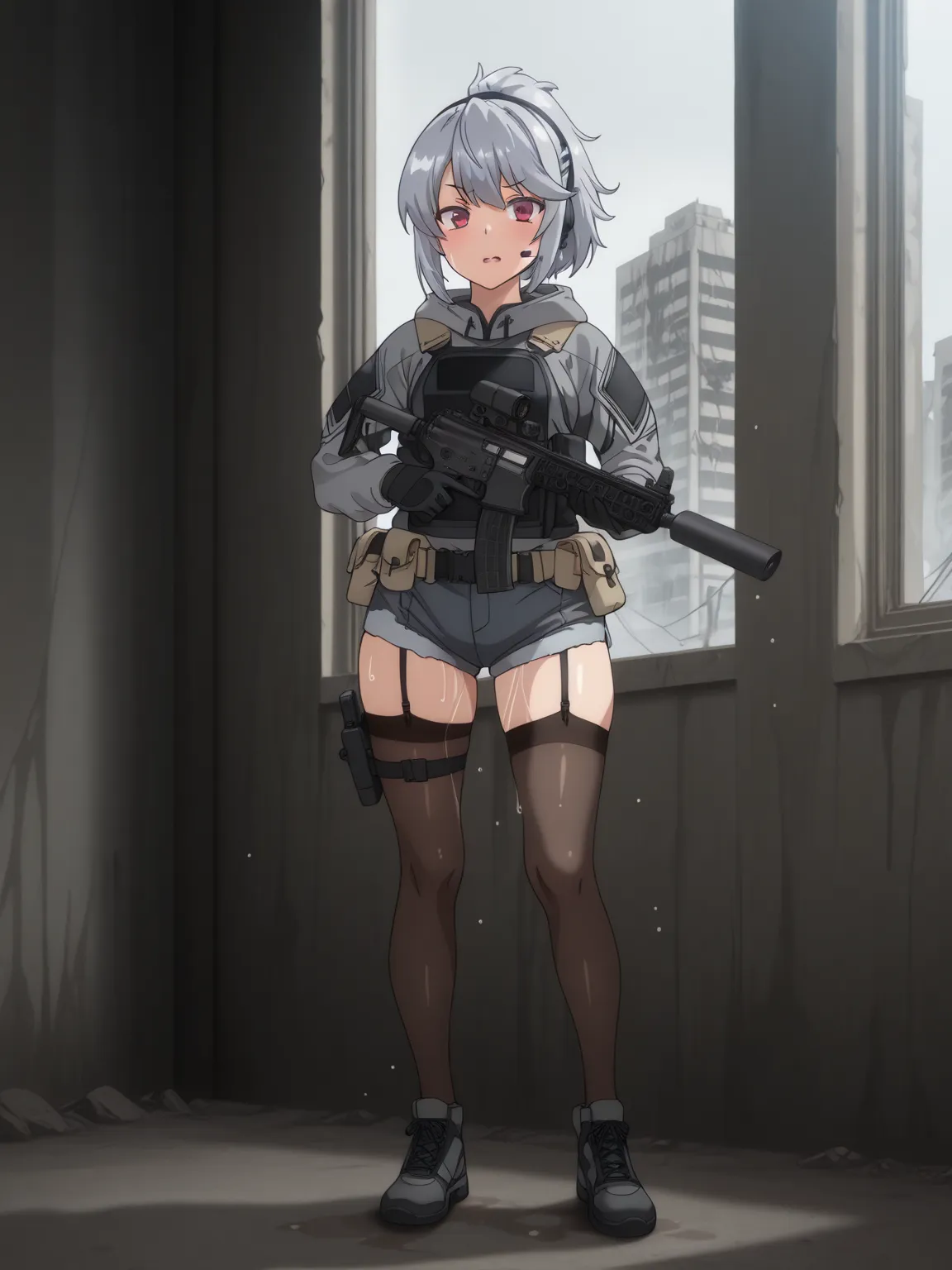 A tactical anime-style adult female soldier wearing tactical gear with wet shorts {x} and a fleshy, glamorous figure。 with short silver hair tied in a ponytail with a navy hair band 、 red eyes。Anxious expression。equipped with black tactical armor over a gr...