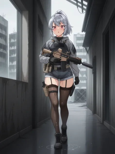 A tactical anime-style adult female soldier wearing tactical gear with wet shorts {x} and a fleshy, glamorous figure。 with short silver hair tied in a ponytail with a navy hair band 、 red eyes。Anxious expression。equipped with black tactical armor over a gr...