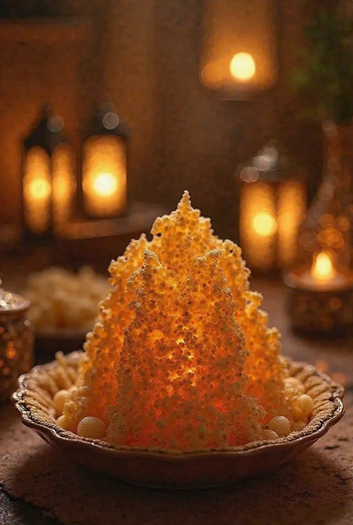 

In the heart of a warm Egyptian home, glowing lanterns set the perfect Ramadan ambiance. At the center of it all stands a majestic cannon, crafted entirely from golden kunafa, its intricate details shining under the soft lights. The background, softly bl...