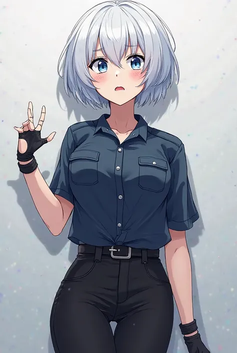  anime style girl bnha , albina with a pale complexion and light blue eyes, short wavy hair up to the shoulders,  scared expression , her hero uniform is black pants with a dark blue blouse, she has black fingertips and her ability to create shadows, with ...