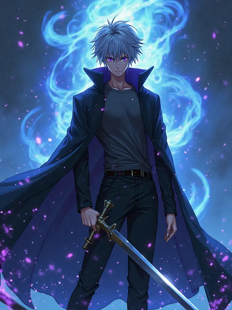 Gray Hair、 black eyes、Short-haired Male Anime Character、Purple Element、Blue Aura、Long Sword，Devil's Solo,  o, 